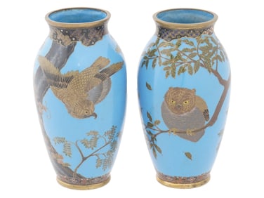 PAIR OF ANTIQUE JAPANESE MEIJI ERA ENAMEL BIRD VASES