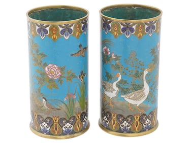 PAIR OF ASIAN GEESE DESIGN CLOISONNE ENAMEL VASES