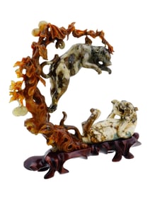 VINTAGE CHINESE CARVED STONE LIONS SCULPTURE W STAND