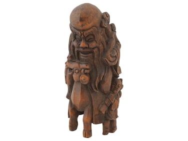 CHINESE CARVED WOOD FIGURINE OF SHOU LAO W CHILD