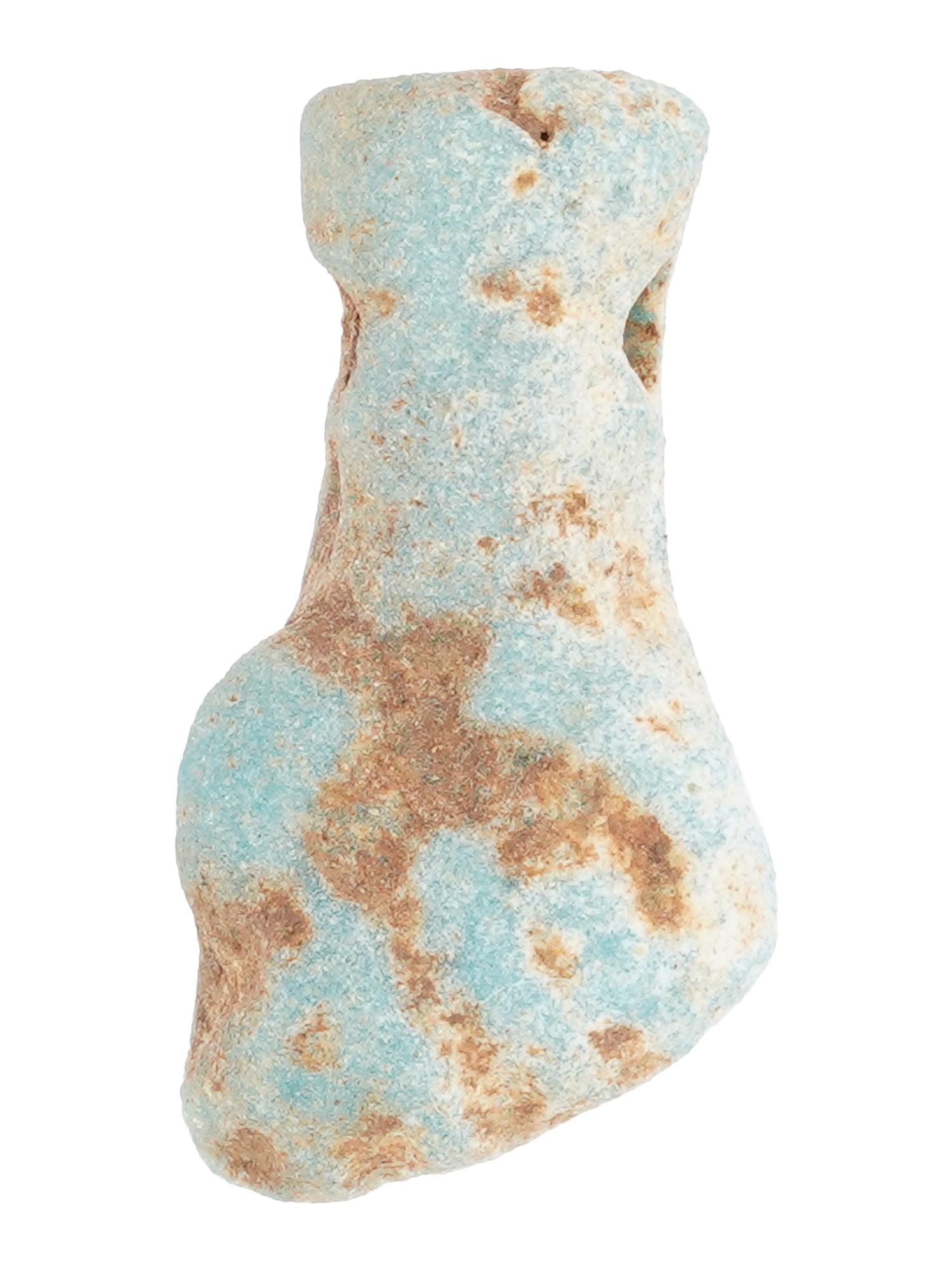 ANCIENT EGYPTIAN FAIENCE PROTECTIVE POWER FIST AMULET: An ancient Egyptian protective power amulet dating from 500 to 200 BC. Depicts a hand in a fist. This amulet, crafted from faience, symbolizes protection and strength, embodying ancient Egyptian belie
