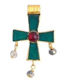 ANCIENT BYZANTINE GOLD GLASS GARNET CROSS W BEADS