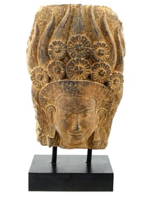 ANCIENT 12TH C SANDSTONE HEAD OF APSARA SCULPTURE W COA