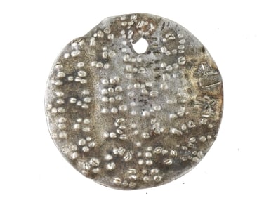 ANCIENT MAGICAL SILVER DISK W DOTTED LETTERS 2000-1000 BC