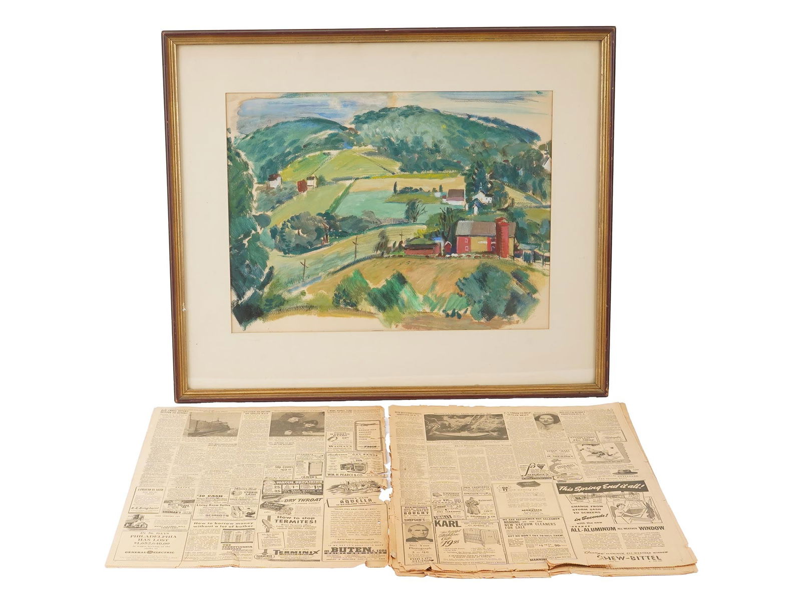 WATERCOLOR PAINTING BY WALTER REINSEL W NEWSPAPER 1946: A vintage watercolor painting on paper of a pastoral landscape with rolling green hills, farms, and trees. Signed lower right. Matted and framed. Inscribed on the back side: Birchrun Hills, Walter Rei