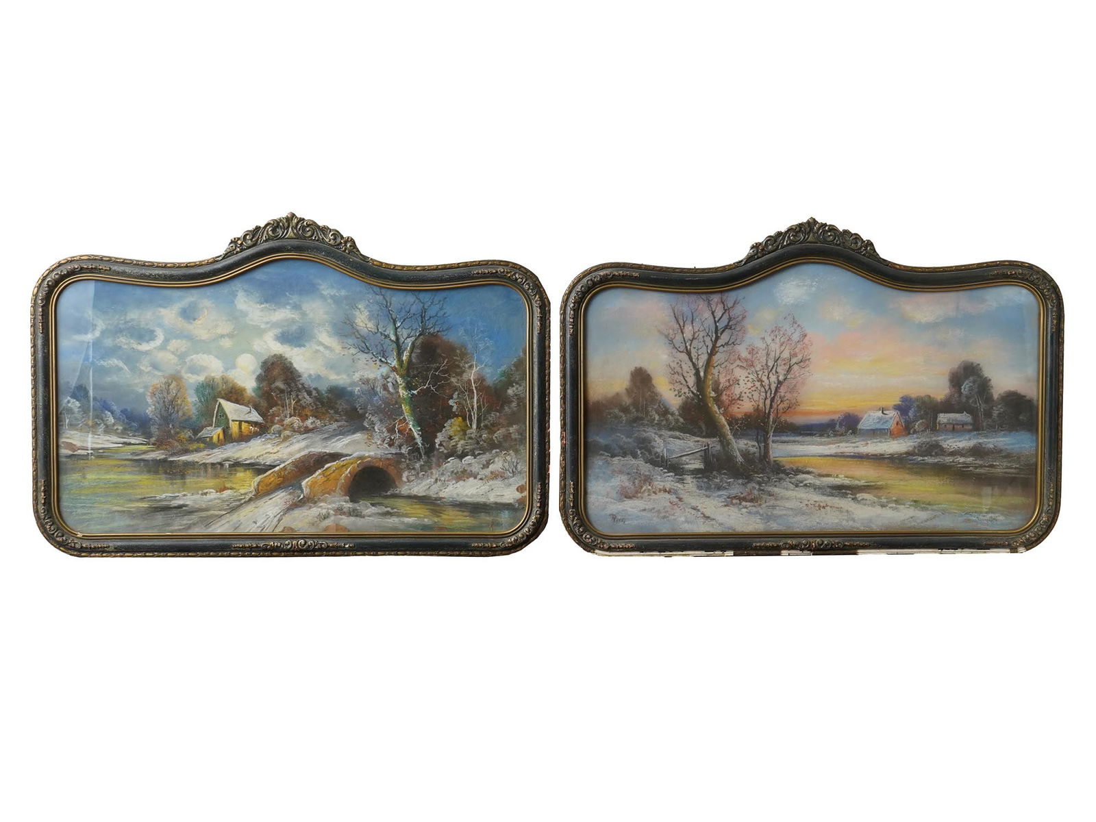 ANTIQUE PAIR OF MIXED MEDIA LANDSCAPE PAINTINGS: A pair of mixed media landscape paintings, presumably Russian, late 19th or early 20th century. The tray-shaped paintings depict winter landscapes in a romantic manner. An illegible signature is on on