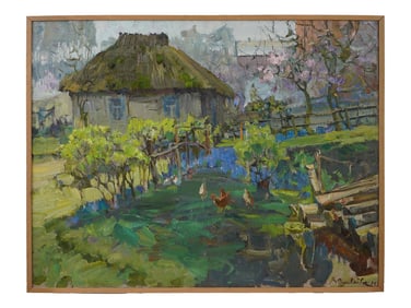 ATTR TO VLADIMIR SINGAEVSKY LANDSCAPE PAINTING OLD BARN