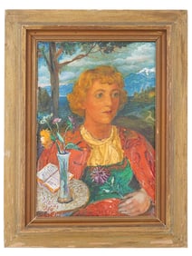 OIL SWISS GIRL PORTRAIT PAINTING BY DAVID BURLIUK 1954