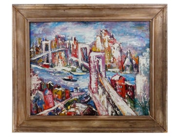 VINTAGE AMERICAN OIL ON CANVAS CITYSCAPE PAINTING