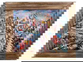 VINTAGE AMERICAN OIL ON CANVAS CITYSCAPE PAINTING: A vintage American oil on canvas cityscape painting. The painting depicts an Expressionist view of the Brooklyn Bridge in New York City. Unsigned. Framed. Circa mid to late 20th century. Vintage Moder