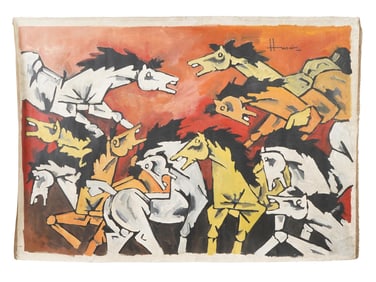 INDIAN ACRYLIC PAINTING SIGNED MAQBOOL F HUSAIN W COA