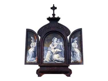 EUROPEAN MADONNA CHILD TRIPTYCH ENAMEL TRAVEL ICON