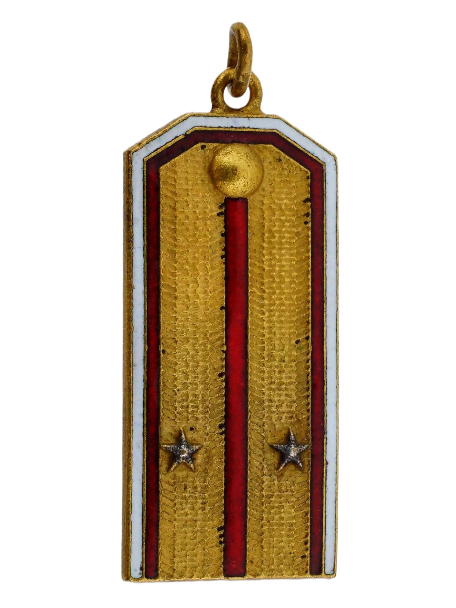 RUSSIAN SILVER ENAMEL MILITARY SHOULDER BOARD PENDANT: A Russian gilt silver pendant representing a military shoulder strap with a stripe and two stars. The surface is garnished with red and white enamel. Unmarked. Weight: 3.2 grams. Russian Jewelry, Silv