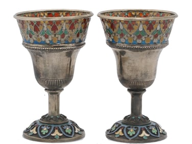 PAIR OF RUSSIAN SILVER ENAMEL SHOT CUP GOBLETS