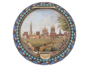 RUSSIAN HAND PAINTED SILVER AND ENAMEL TRINKET BOX