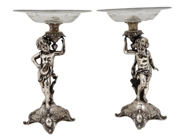 PAIR OF GLASS SILVER PLATED CENTER PIECES VASES