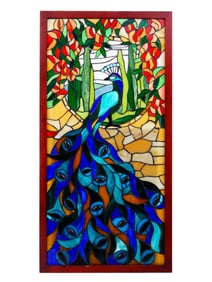 VINTAGE PEACOCK STAINED GLASS WINDOW PANEL FRAMED