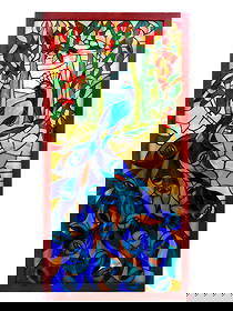 VINTAGE PEACOCK STAINED GLASS WINDOW PANEL FRAMED: A vintage stained glass window panel. The panel represents a peacock design with variations of texture and color. Circa: the first half of the 20th century. Framed. Antique and Vintage Hand Made Class