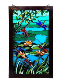 VINTAGE FLORAL STAINED GLASS WINDOW PANEL FRAMED
