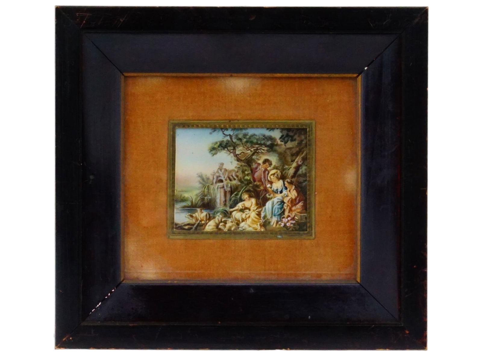 ROCOCO MINIATURE PAINTING AFTER FARNCOIS BOUCHER: A miniature painting, The Nest or The Shepherds Gifts in the manner of Francois Boucher, 1703 to 1770. Framed. Francois Boucher was a French painter, draughtsman and etcher, who worked in the Rococo s