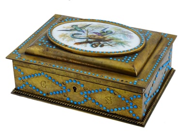 ANTIQUE BRONZE TURQUOISE PORCELAIN JEWELRY BOX