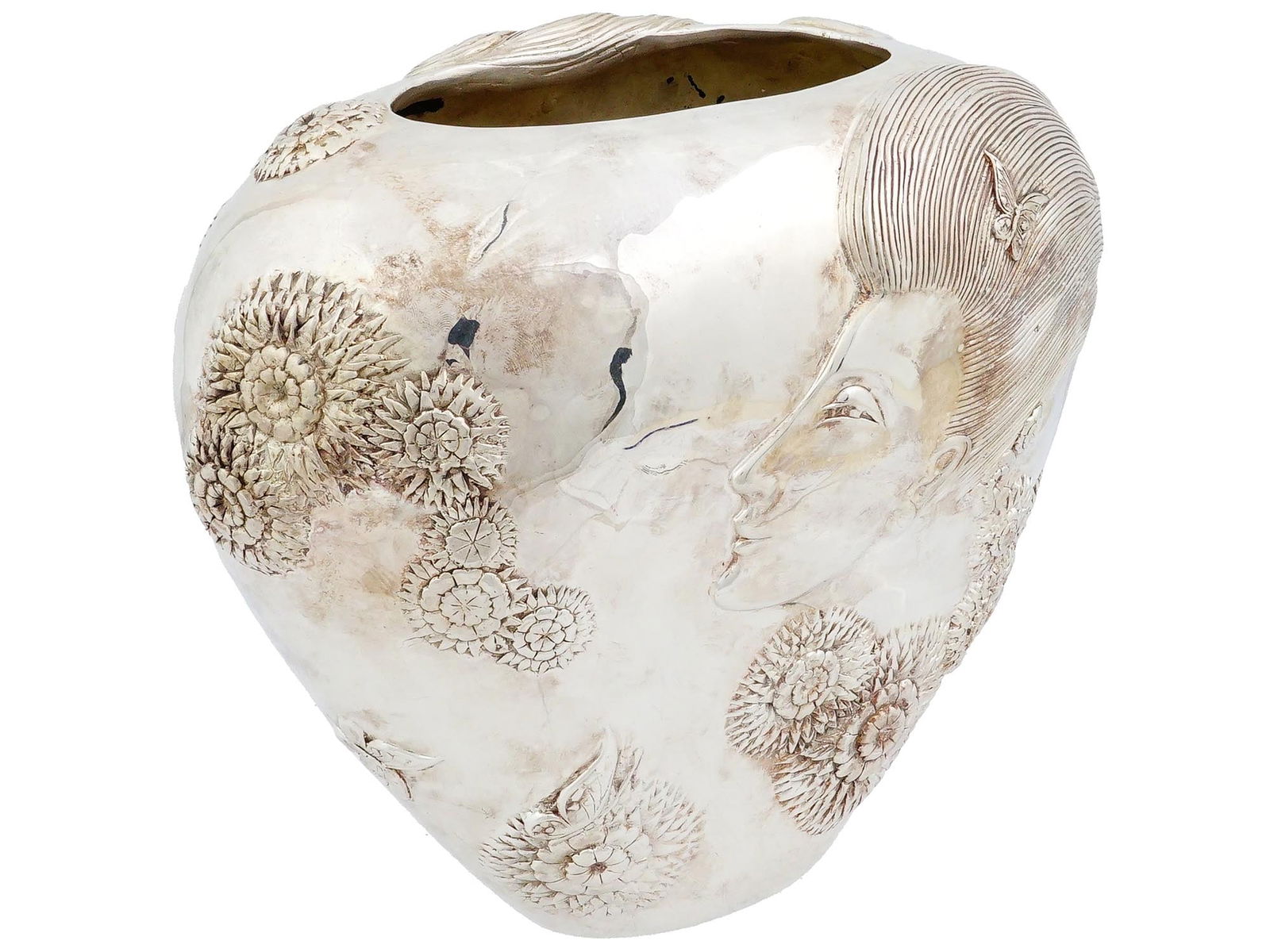 ART NOUVEAU ERTE SHE LOVES ME SILVERED BRONZE VASE 1987: A vintage Art Nouveau Erte Romain de Tirtoff, Russian/French, 1892-1990 "She Loves Me" Silvered Bronze Vase, signed to the center bottom of the bowl "Erte" and numbered and stamped in cast 1987 CONKER