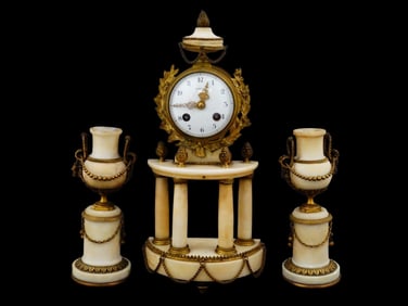 FRENCH LOUIS XVI STYLE GILT BRONZE MARBLE GARNITURE