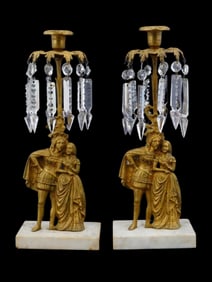 PAIR OF FRENCH VICTORIAN BRONZE CRYSTAL CANDLESTICKS