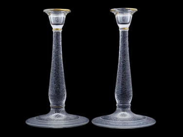 PAIR OF MODERNIST ETCHED CRYSTAL GLASS CANDLE HOLDERS