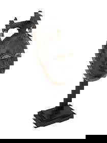 CENTRAL AFRICAN BAULE PEOPLE CARVED WOODEN MASK: A Central African Ivory Coast hand carved wooden mask of Baule people. The mask is modeled with narrow eyes, a small mouth, and a high, complex headdress. The headdress includes a wide headband to whi