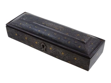 ANTIQUE PERSIAN DAMASCENED STEEL PEN BOX QALAMDAN