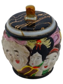 JAPANESE LUCKY GODS BANKO WARE PORCELAIN JAR WITH LID