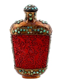 CHINESE CARVED CINNABAR TURQUOISE STONE SNUFF BOTTLE