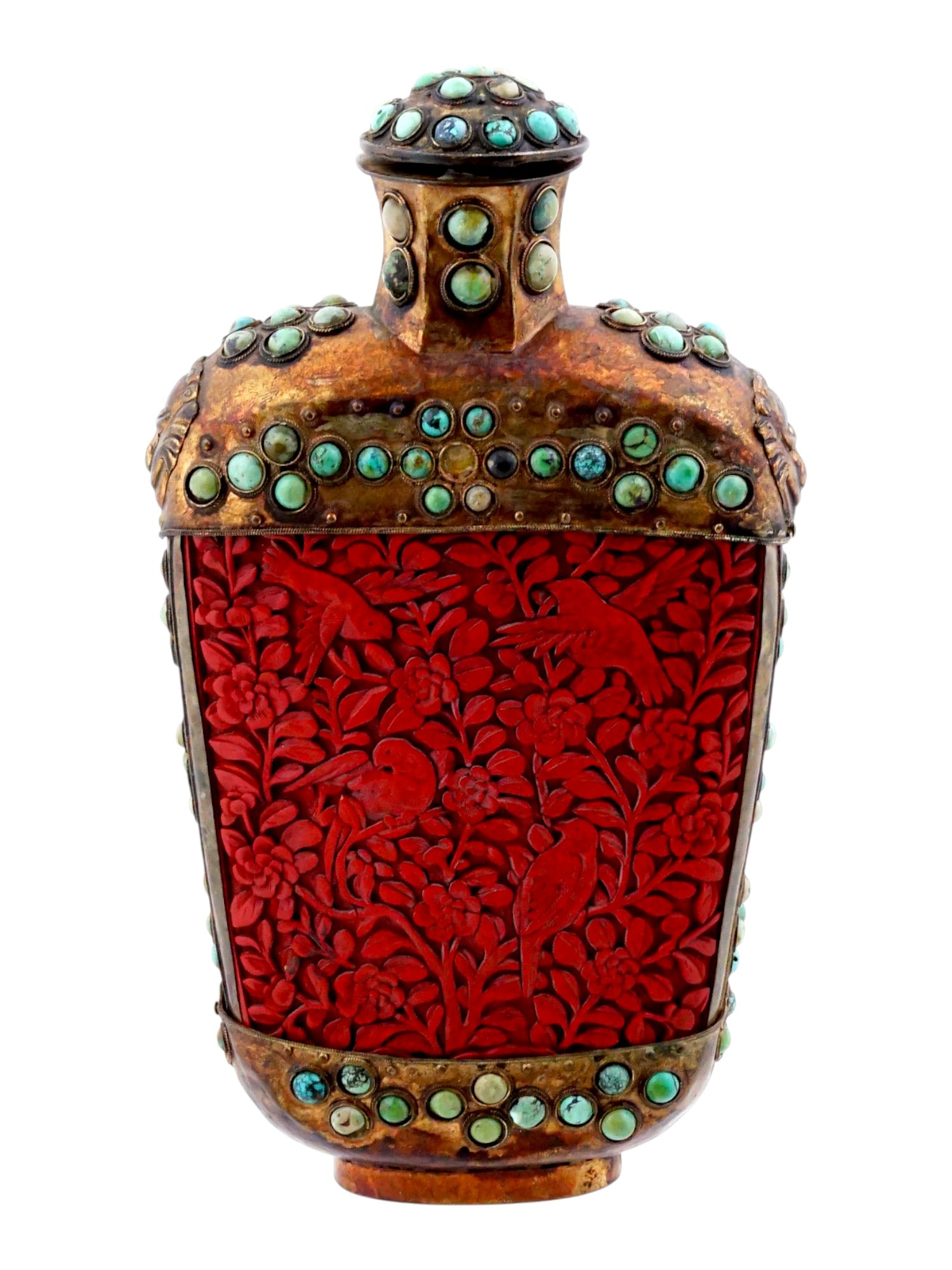 CHINESE CARVED CINNABAR TURQUOISE STONE SNUFF BOTTLE (1 of 10)