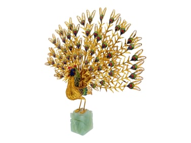 CHINESE GILT CLOISONNE PEACOCK FIGURINE ON JADE BASE