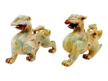 ANTIQUE CHINESE CARVED HARDSTONE QILIN SCULPTURES