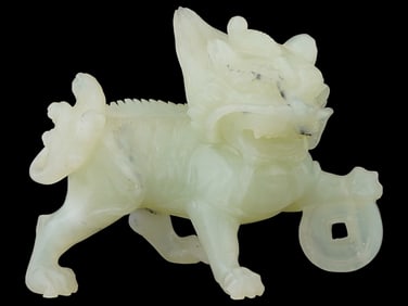 ANTIQUE CHINESE QING CARVED CELADON JADE FOO DOG FIGURE