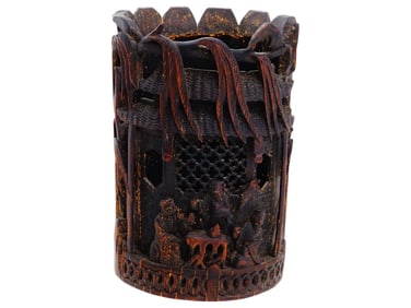 HAND CARVED CHINESE BAMBOO BRUSH HOLDER