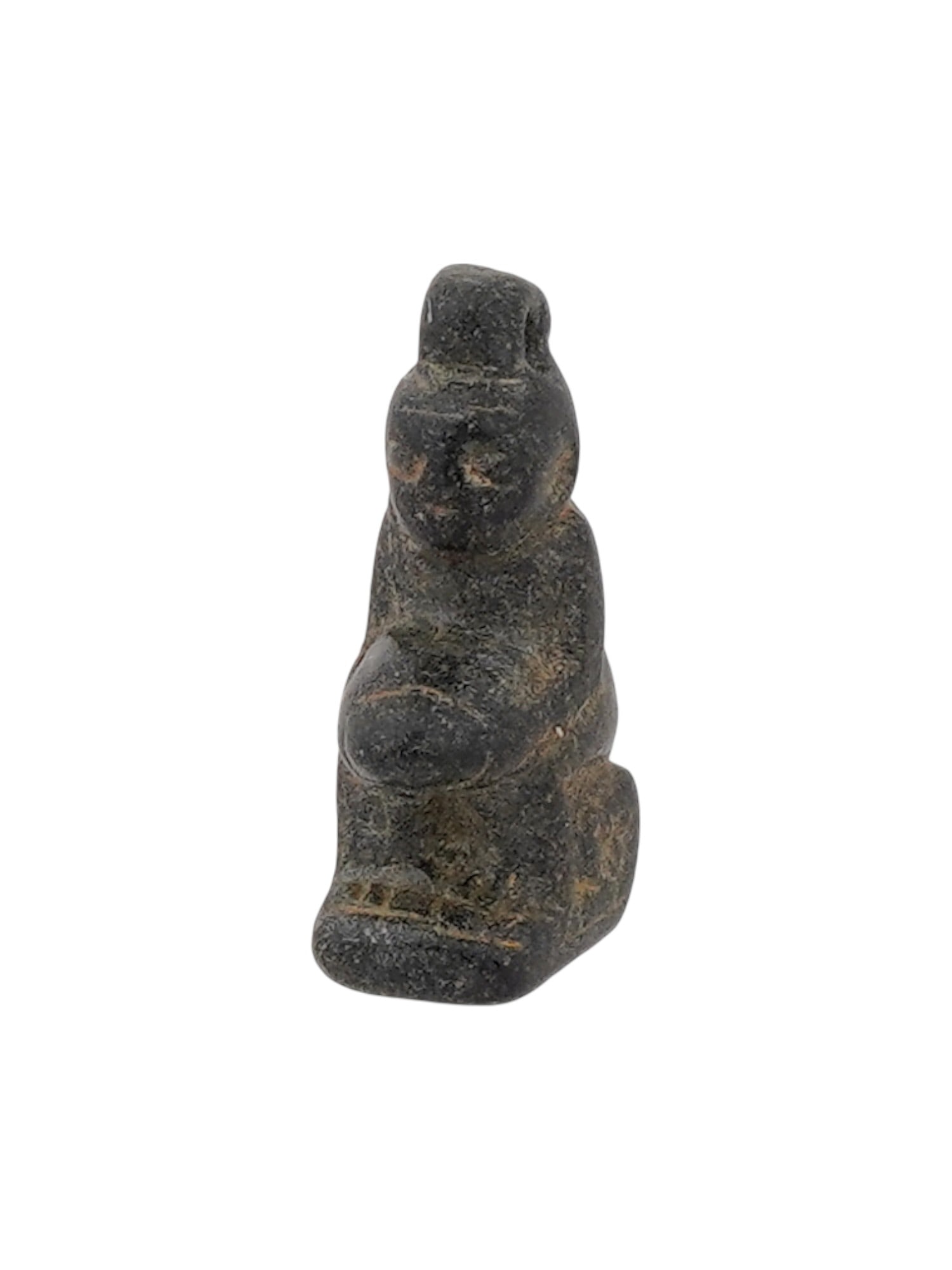 ANCIENT EGYPTIAN LATE PERIOD STEATITE EROTIC PENDANT: An ancient Egyptian steatite pendant, dating to the Late Period, 700 to 200 BC, carved as a seated figure with an exaggerated phallus. Erotic amulets of this type were symbolic of fertility, protectio