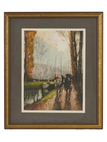 FRENCH ETCHING SIGNED BY JEAN LUIGINI CHEVAL SUR CANAL