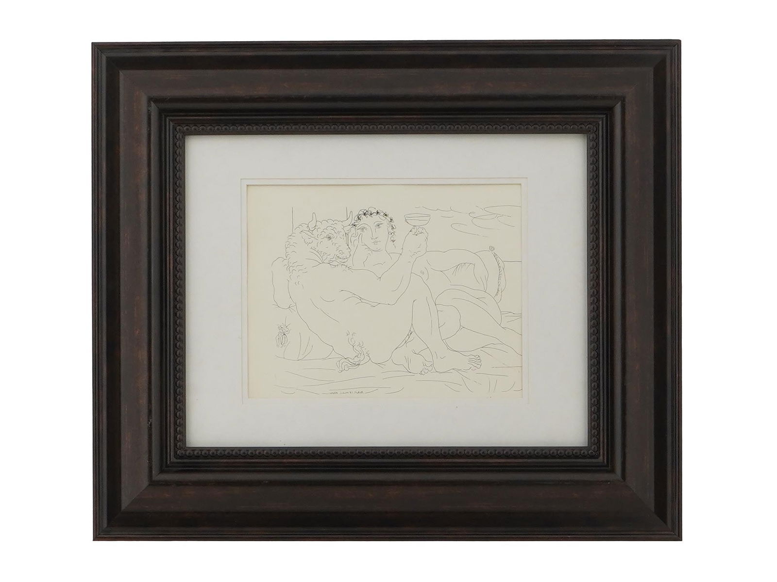 AFTER PABLO PICASSO SPANISH MODERNIST LITHOGRAPH: After Pablo Picasso, Spanish, 1881 to 1973, lithograph on paper. The piece depicts a reclining minotaur with a nude woman. Titled Minotaure, une Coupea la Main, et Jeune Femme. From La suite Vollard,