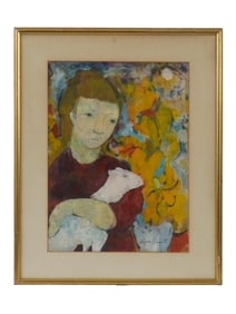 LOUISE AUGUST AMERICAN PAINTING GIRL HOLDING SHEEP
