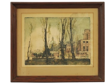 ANTIQUE COLOR ETCHING OF A CITYSCAPE SIGNED AND FRAMED
