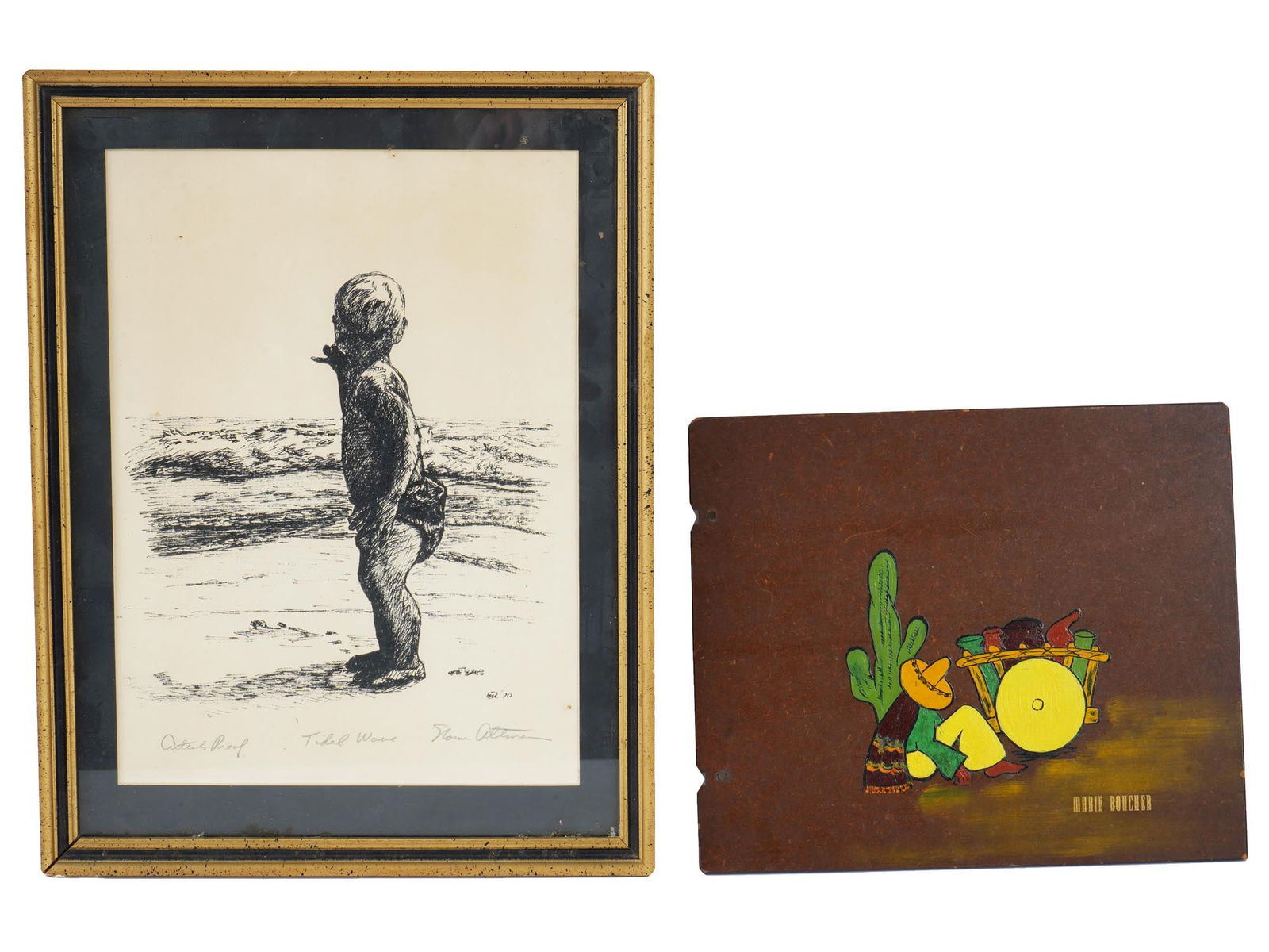 1970 AMERICAN FIGURATIVE ENGRAVING BY HAROLD ALTMAN: A pair of vintage artworks. First. Engraving on paper by Harold Altman, 1924 to 2003, an American artist and printmaker. The print depicts a child on the beach. Marked Artists Proof in the lower left.