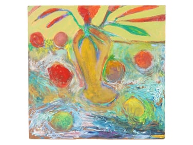 MODERN OIL STILL LIFE PAINTING ON BOARD SIGNED ON VERSO