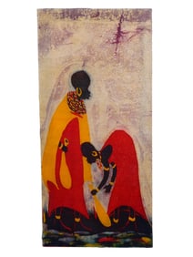 AFRICAN BATIK ART TRIBAL SCENE TWO WOMEN PAINTING