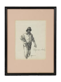 ANTIQUE EUROPEAN SCHOOL INK PAINTING FRUIT SELLER SIGNED