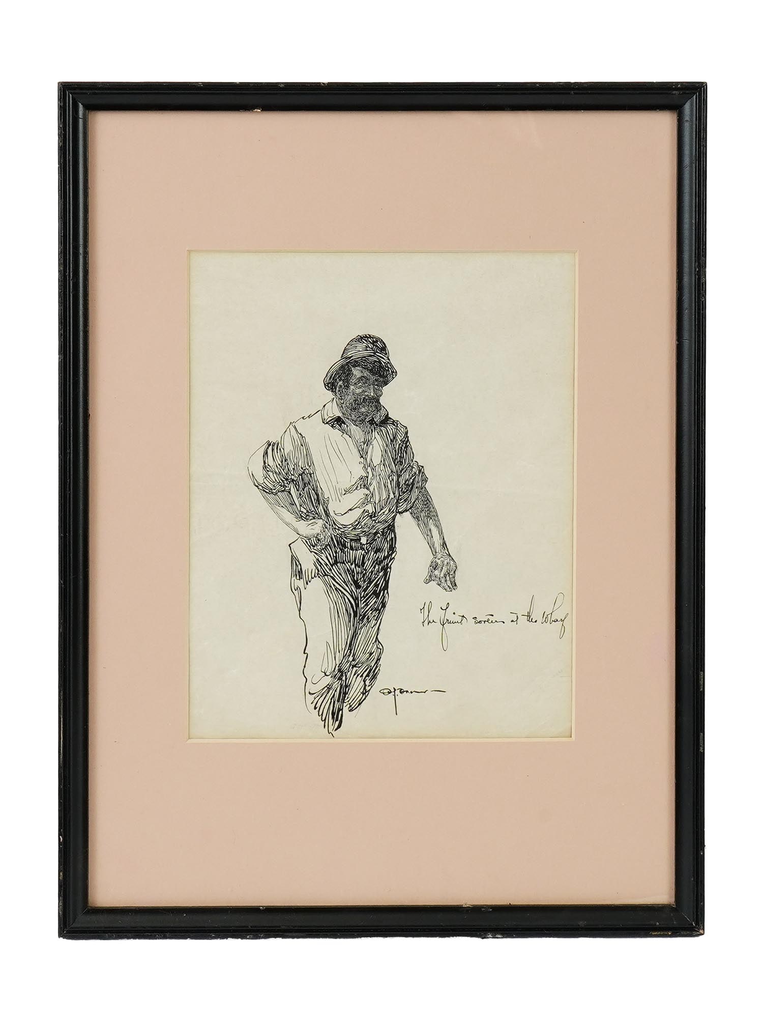 ANTIQUE EUROPEAN SCHOOL INK PAINTING FRUIT SELLER SIGNED (1 of 4)