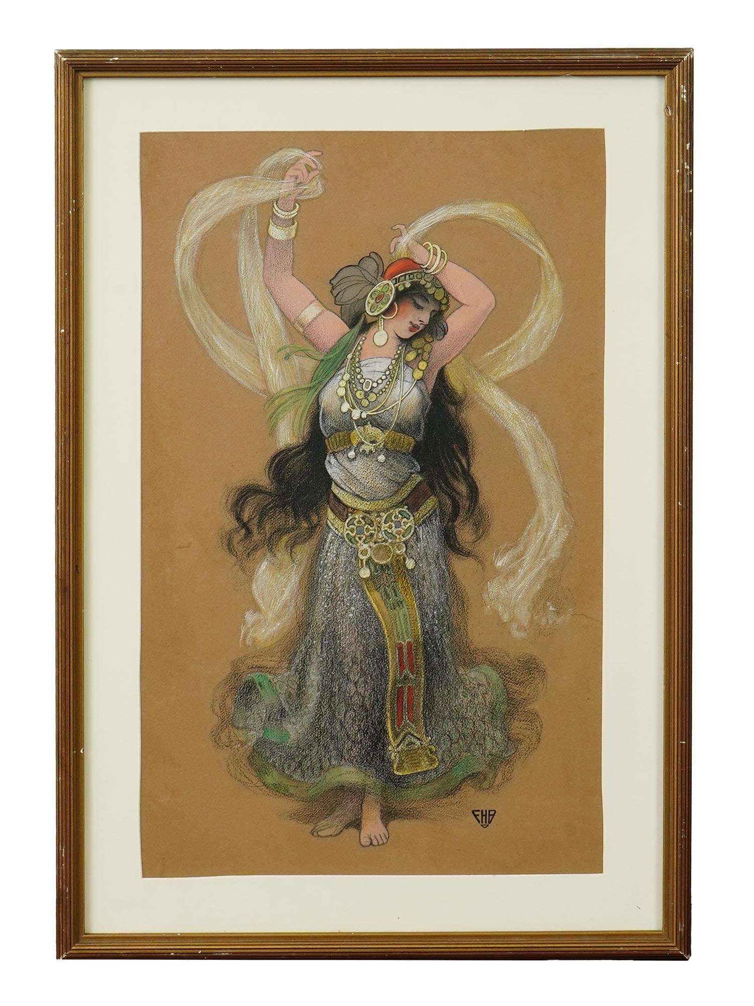 MIXED MEDIA PAINTING DANCING GYPSY WOMAN SIGNED FHB: A mixed media portrait painting on paper depicting a dancing woman. Signed with initials FHB lower right. The woman is depicted in an elaborate costume, suggestive of a gypsy dancer with jewelry, flow