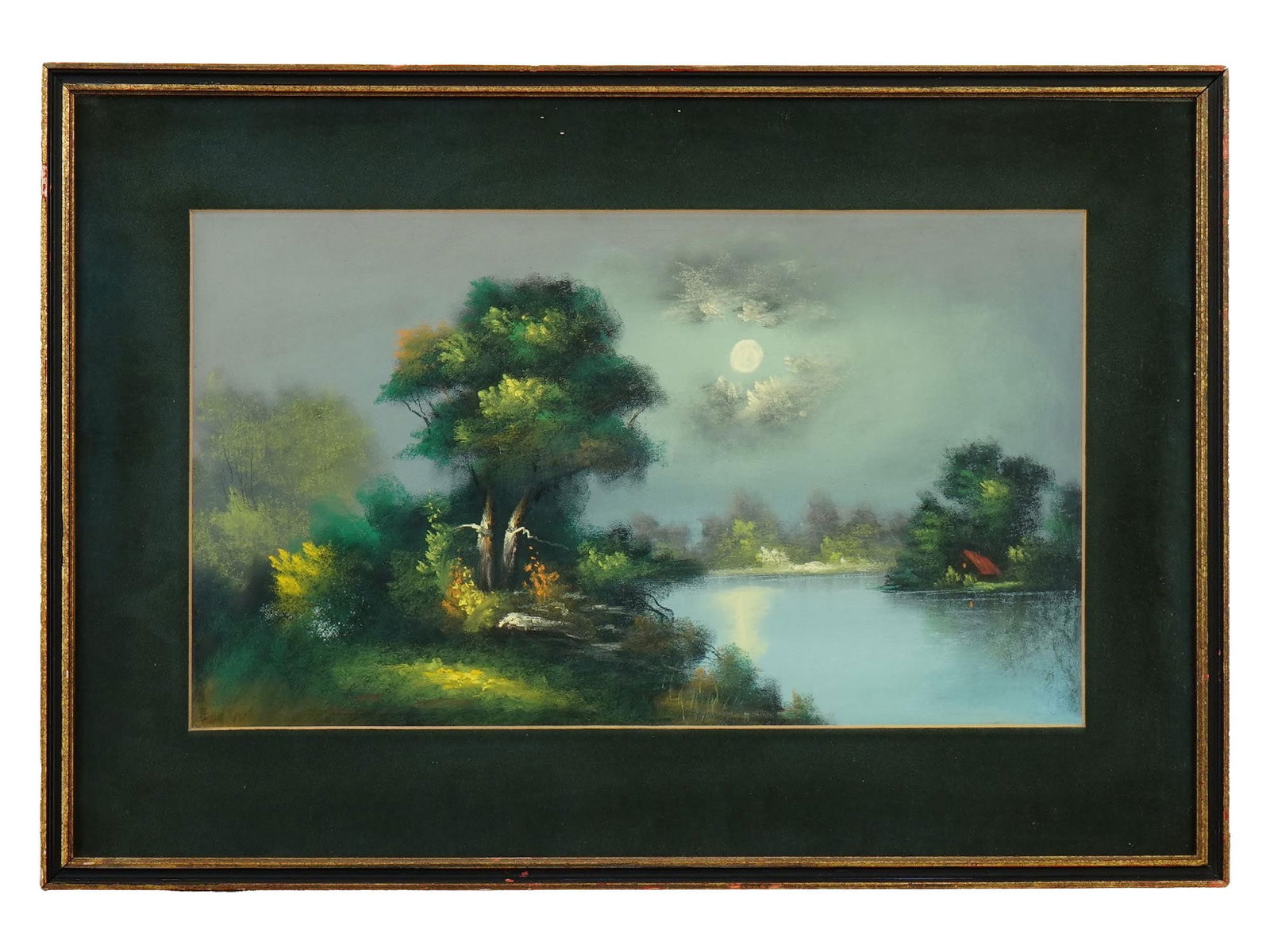 MOON FILLED NIGHT LANDSCAPE PASTEL PAINTING FRAMED (1 of 3)